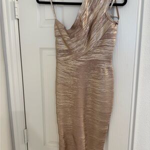 Herve Leger Gold One Shoulder Ruched Cocktail Dress